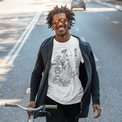 Male model standing with a bicycle in Bonsai Samurai T-Shirt featuring Bushido warrior artwork on a city street.