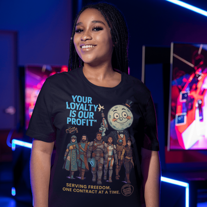 Person wearing a black t-shirt with graphic design and text in a colorful indoor setting