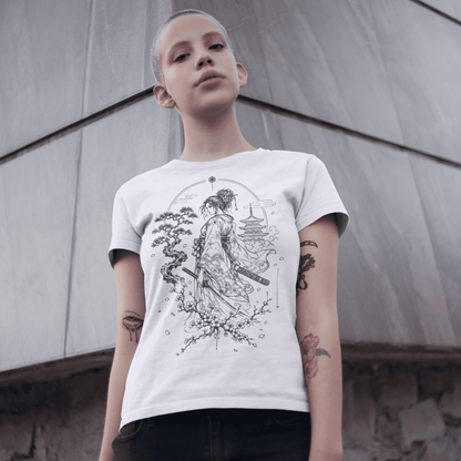 Female model wearing Kimono Samurai T-Shirt with quiet samurai graphic against modern urban architecture.