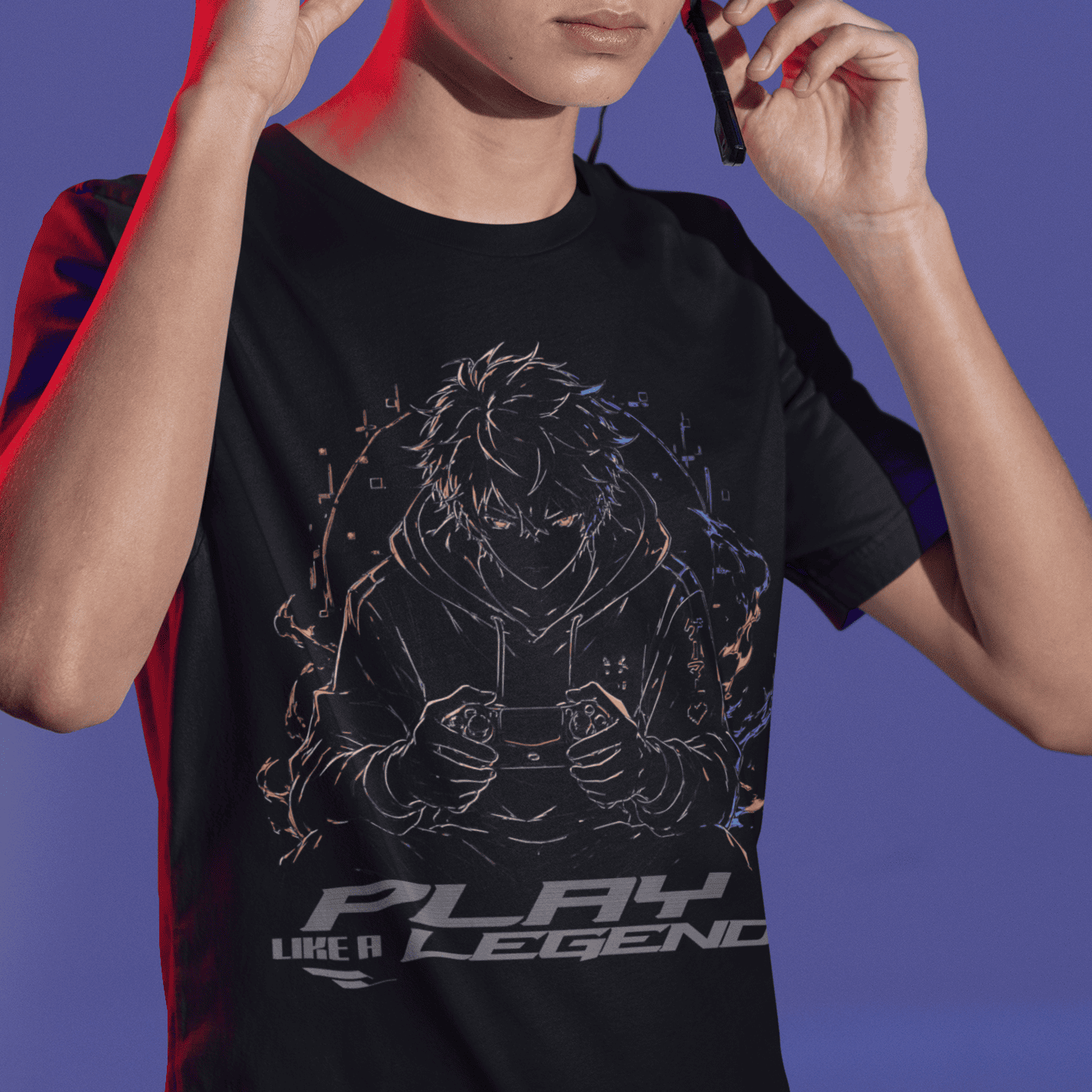 Close front view of Play Like a Legend Gamer T-Shirt – Anime Player Mode with the model holding headphones