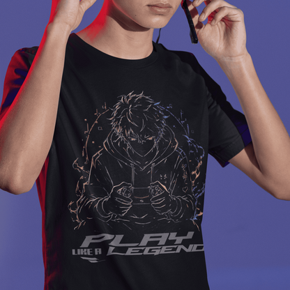 Close front view of Play Like a Legend Gamer T-Shirt – Anime Player Mode with the model holding headphones