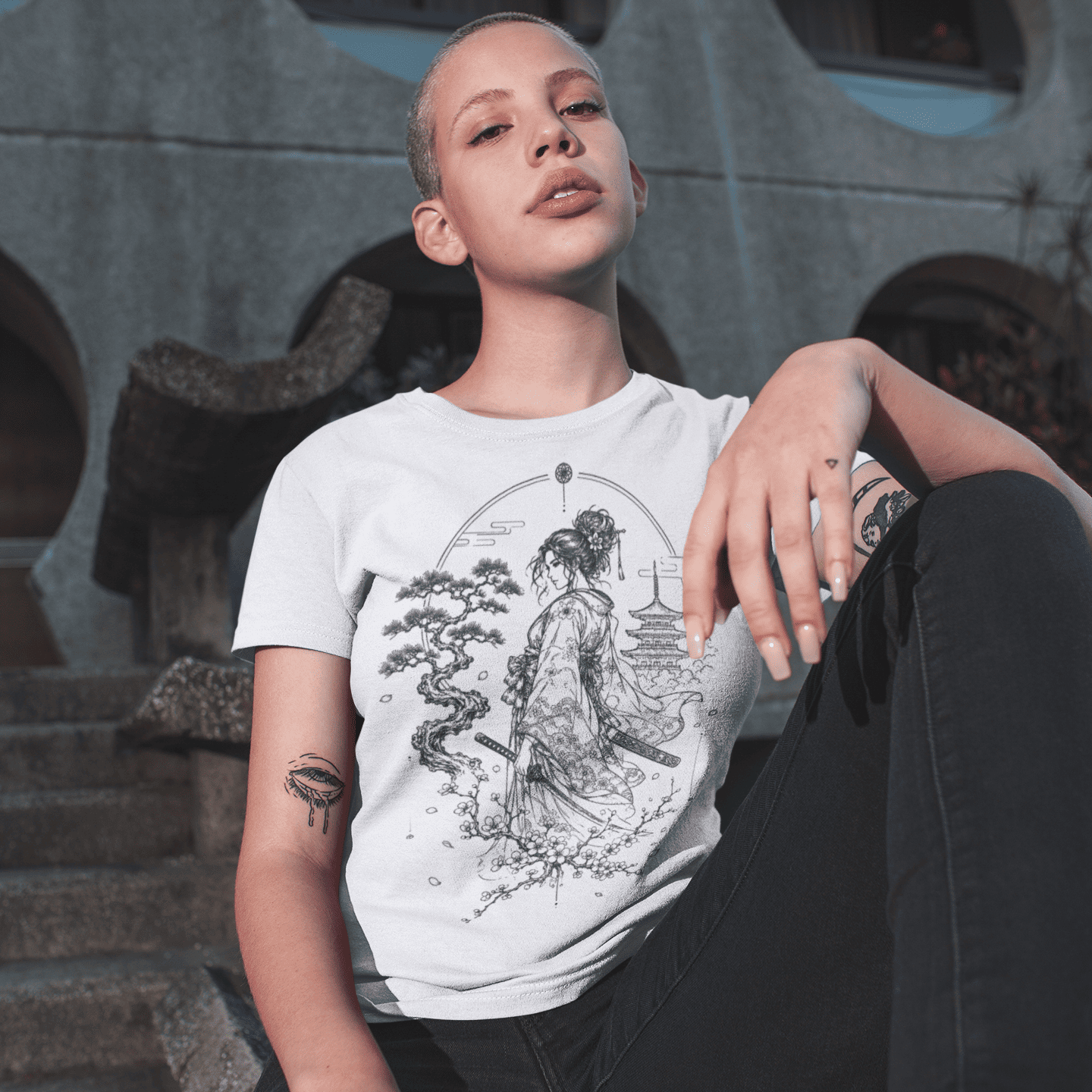 Female model posing in Kimono Samurai T-Shirt with warrior artwork while seated in a relaxed urban setting.