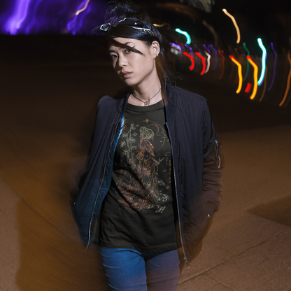 Female model wearing Female Samurai T-Shirt with moonlit samurai graphic beneath colorful night lights.