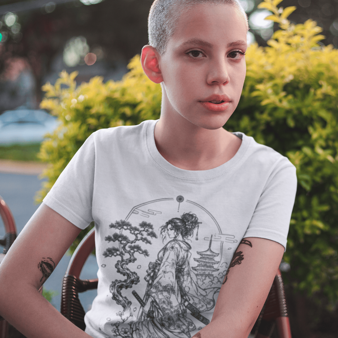 Female model wearing Kimono Samurai T-Shirt with quiet warrior artwork in a bright outdoor lifestyle scene.