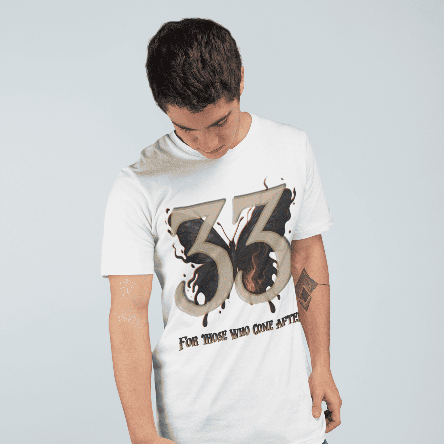 Model wearing Expedition 33 "For Those Who Come After" white graphic t-shirt inspired by Clair Obscur Expedition 33.