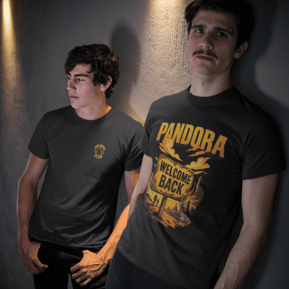 Two men wearing black t-shirts with yellow text and graphics against a dark background