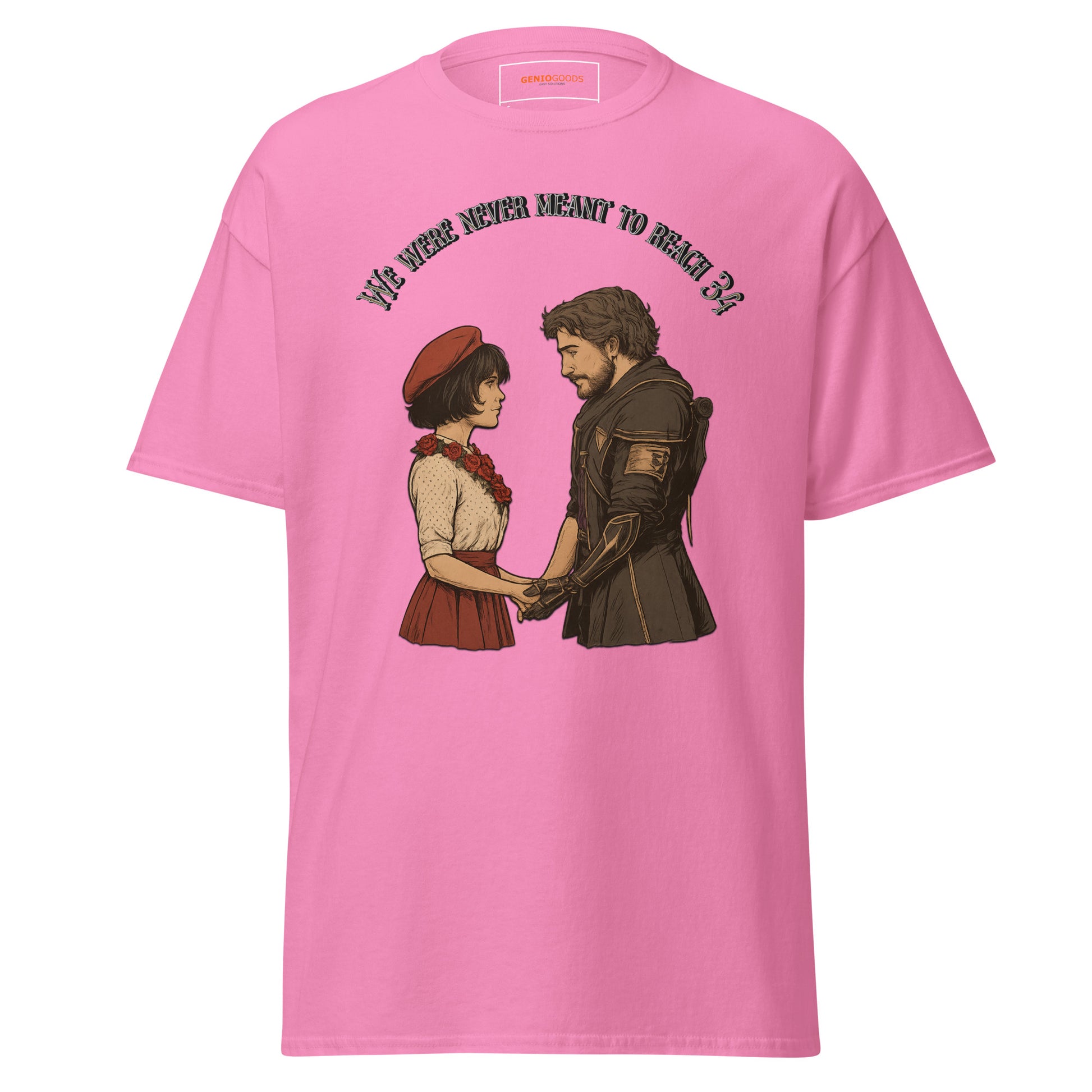 front view of Pink Expedition 33 We Were Never Meant to Reach 34 graphic t-shirt inspired by Clair Obscur Expedition 33.