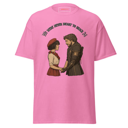 front view of Pink Expedition 33 We Were Never Meant to Reach 34 graphic t-shirt inspired by Clair Obscur Expedition 33.