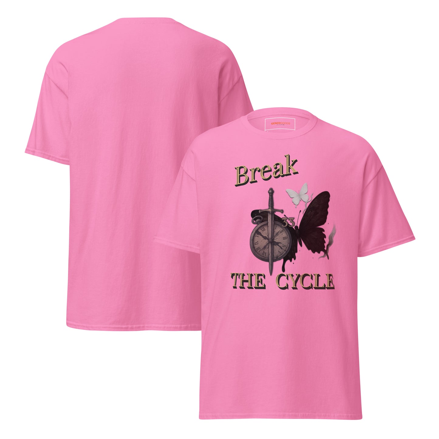 Front and back view of Pink Expedition 33 Break the Cycle graphic t-shirt inspired by Clair Obscur Expedition 33.