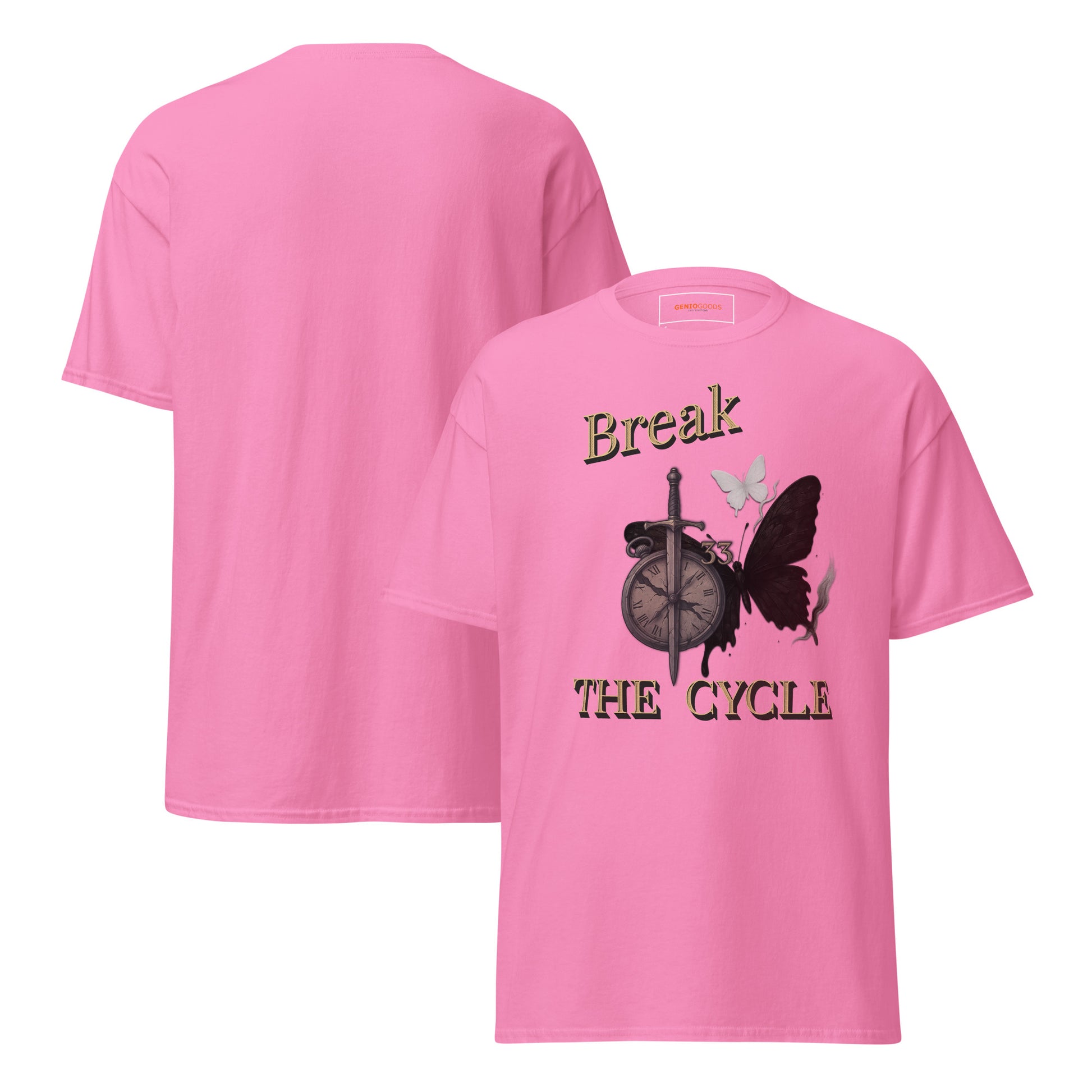 Front and back view of Pink Expedition 33 Break the Cycle graphic t-shirt inspired by Clair Obscur Expedition 33.