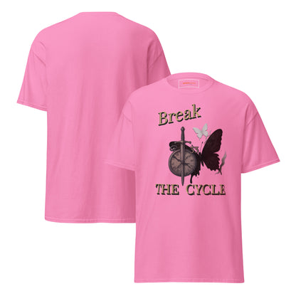 Front and back view of Pink Expedition 33 Break the Cycle graphic t-shirt inspired by Clair Obscur Expedition 33.