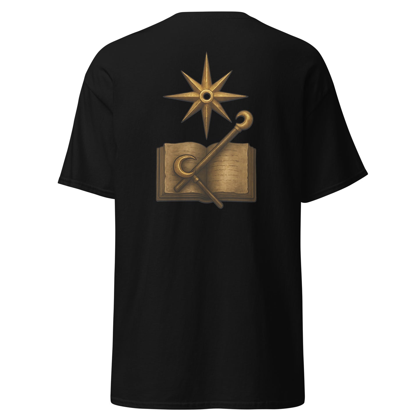 Back view of the Black Oblivion Mages Guild Shirt – Arcane Emblem Design with large Mages Guild emblem graphic