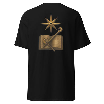 Back view of the Black Oblivion Mages Guild Shirt – Arcane Emblem Design with large Mages Guild emblem graphic