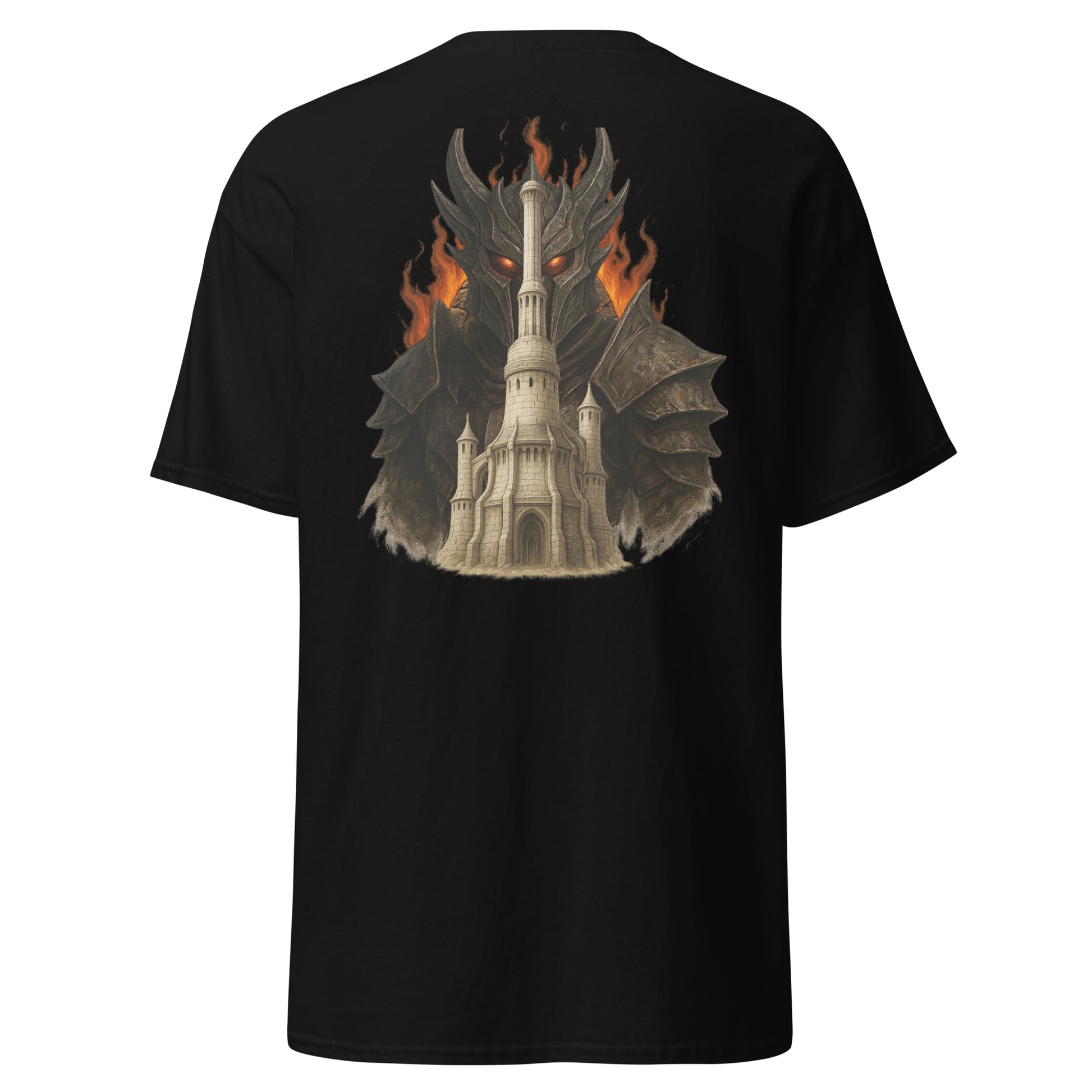 Back view of the Black Oblivion Imperial City Shirt – White Gold Tower Design with clean back and no visible print
