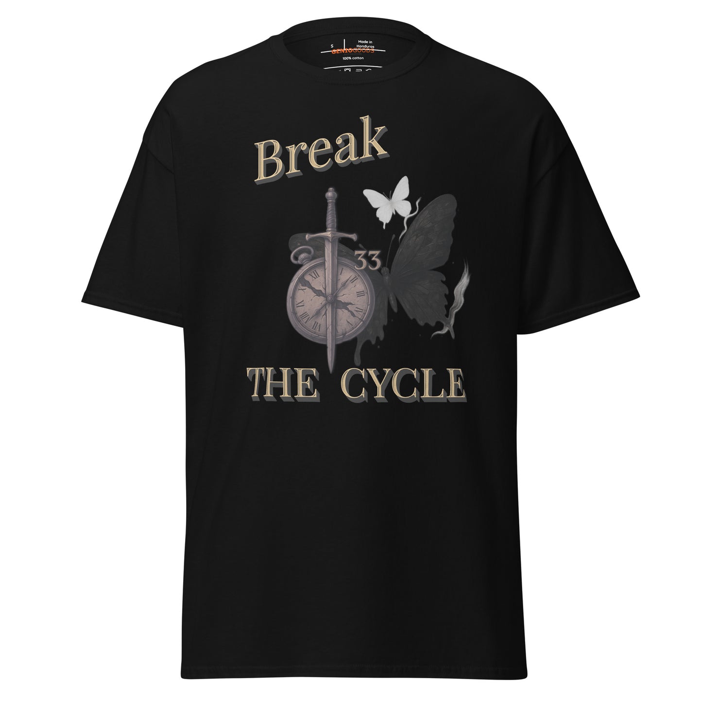 Front view of black Expedition 33 Break the Cycle graphic t-shirt inspired by Clair Obscur Expedition 33.