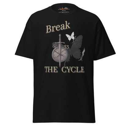 Front view of black Expedition 33 Break the Cycle graphic t-shirt inspired by Clair Obscur Expedition 33.