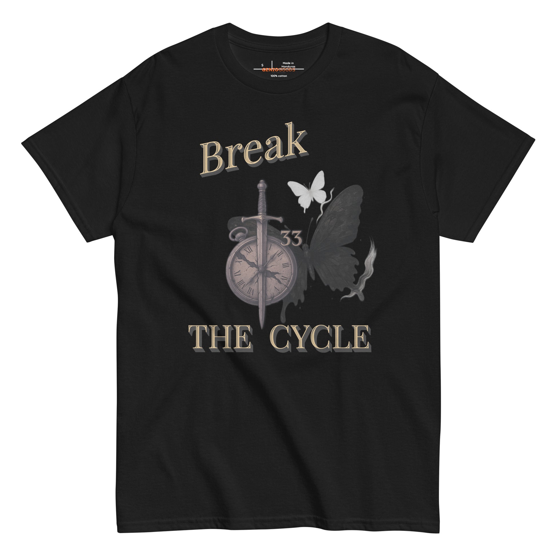 Front view of black Expedition 33 Break the Cycle graphic t-shirt inspired by Clair Obscur Expedition 33.