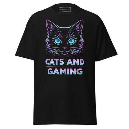 Cats and Gaming T-Shirt – Neon Gamer Cat Aesthetic – original gamer merch by GenioGoods