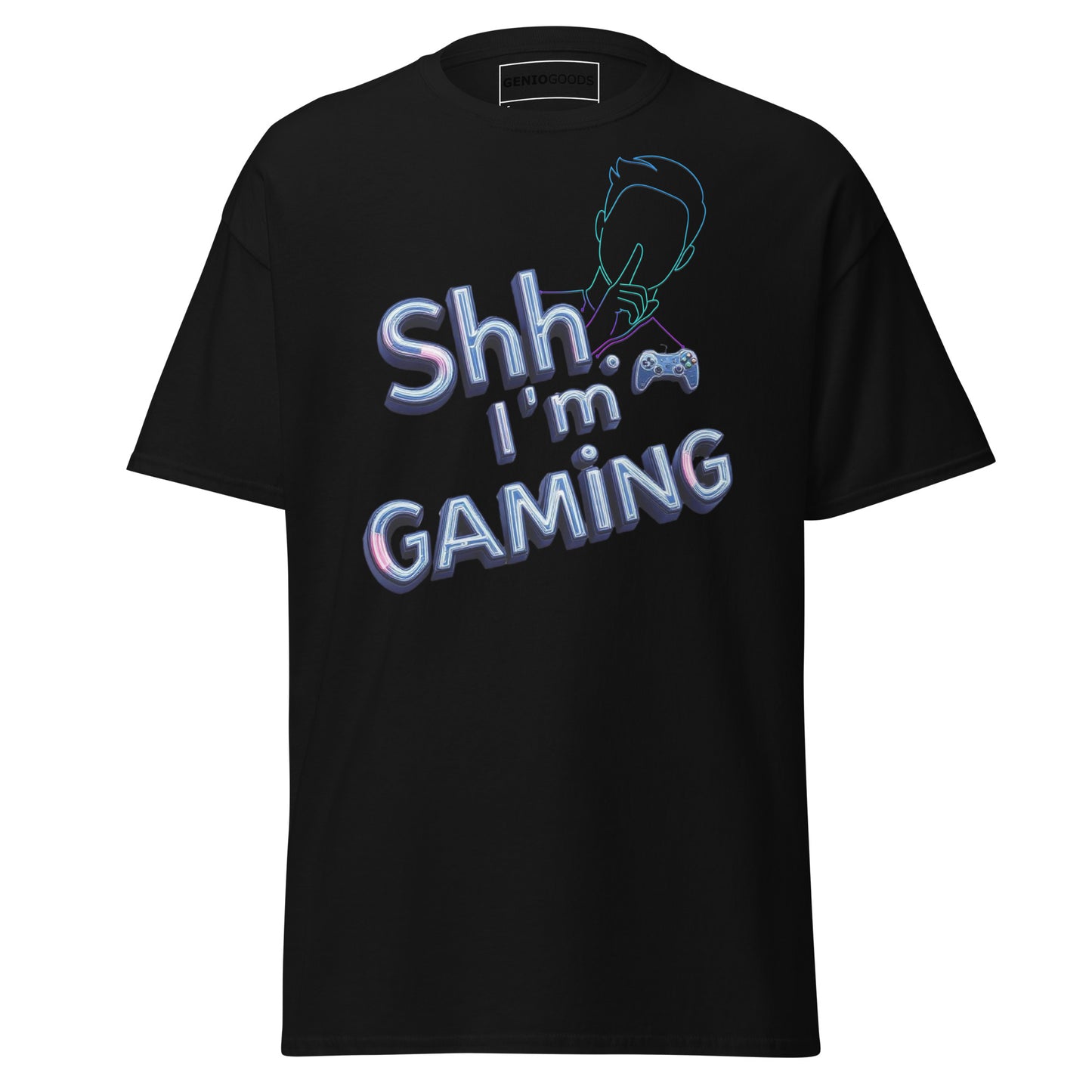 Shh I'm Gaming T-Shirt – Neon Funny Gamer Quote Design – original gamer merch by GenioGoods