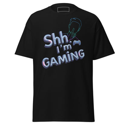 Shh I'm Gaming T-Shirt – Neon Funny Gamer Quote Design – original gamer merch by GenioGoods