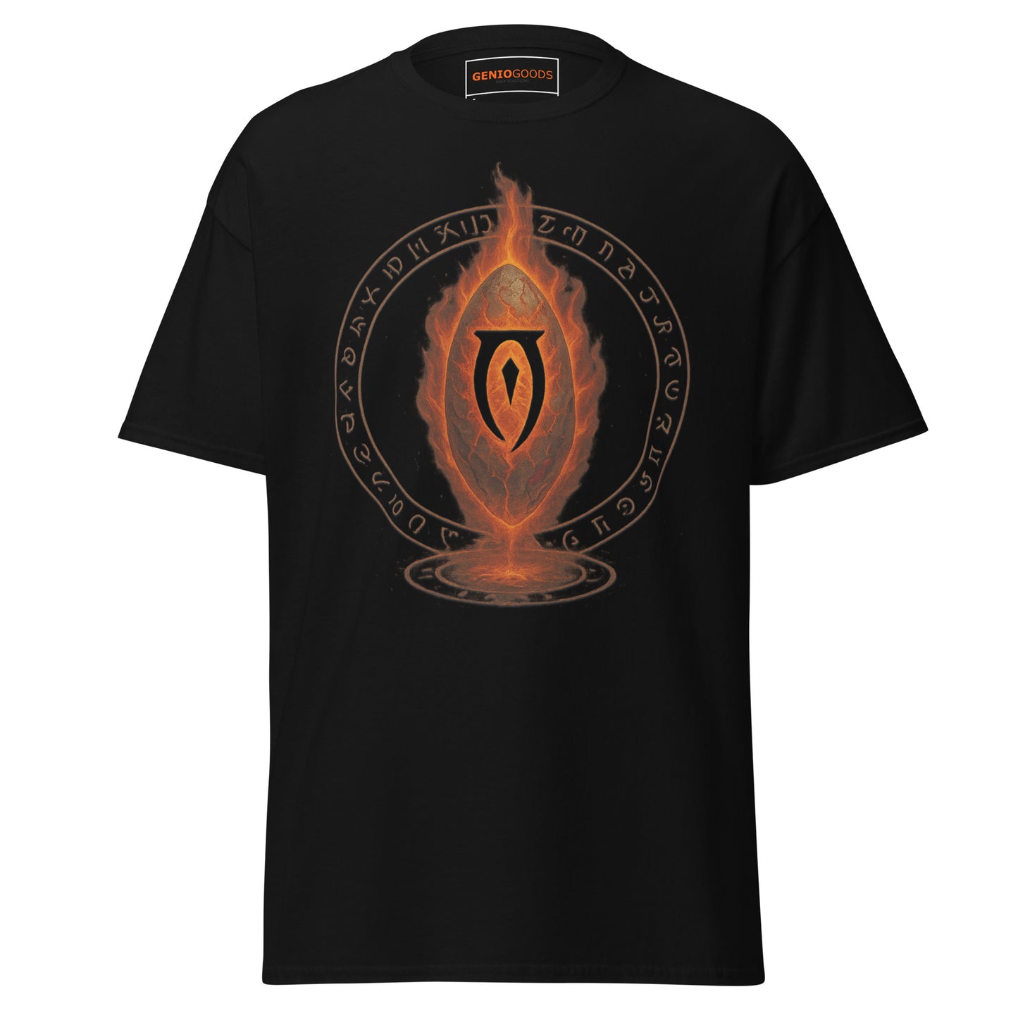 Front view of the Black Oblivion Gate T Shirt – Fiery Portal Design with large fiery portal graphic on the chest