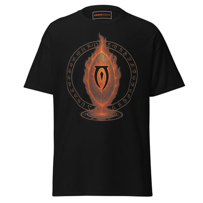 Front view of the Black Oblivion Gate T Shirt – Fiery Portal Design with large fiery portal graphic on the chest