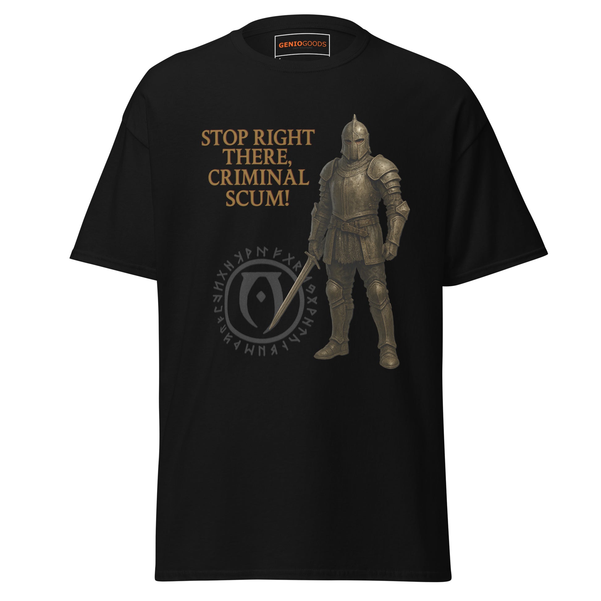 Front view of the: Black Oblivion Guard Shirt – Stop Right There Quote with guard artwork, quote text and crest graphic