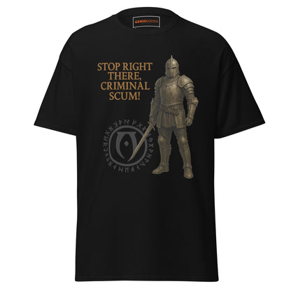 Front view of the: Black Oblivion Guard Shirt – Stop Right There Quote with guard artwork, quote text and crest graphic