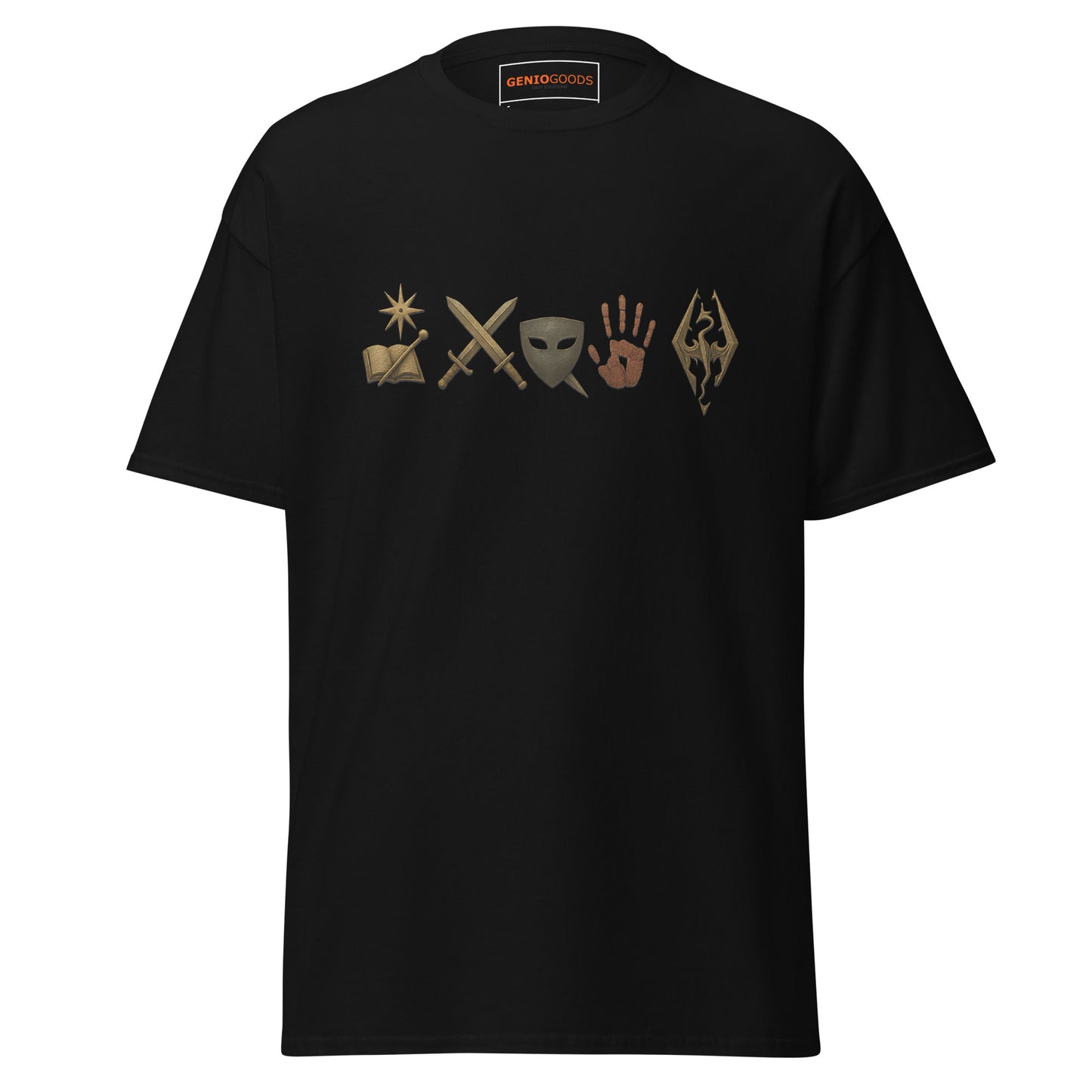 Front view of the Black Oblivion Mages Guild Shirt – Arcane Emblem Design with chest row of arcane symbols