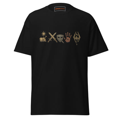 Front view of the Black Oblivion Mages Guild Shirt – Arcane Emblem Design with chest row of arcane symbols