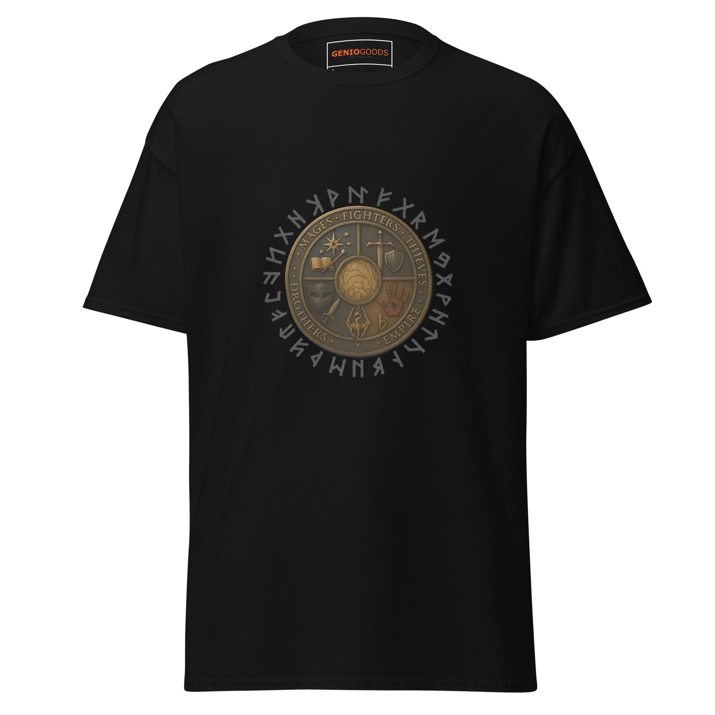 Front view of the Black Oblivion Guilds Shirt – Faction Crest Design with circular faction crest on the chest