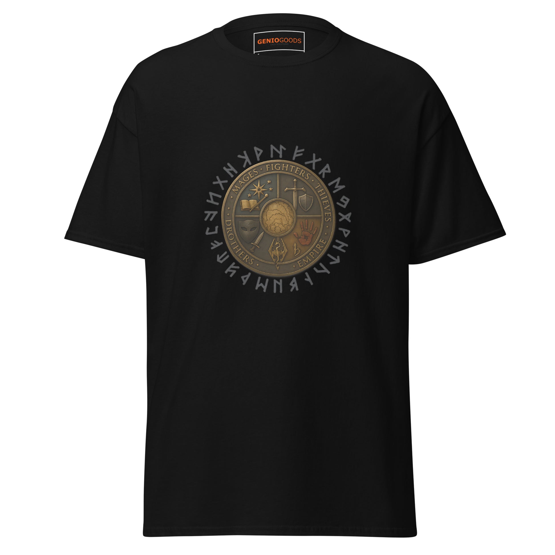 Front view of the Black Oblivion Guilds Shirt – Faction Crest Design with circular faction crest on the chest