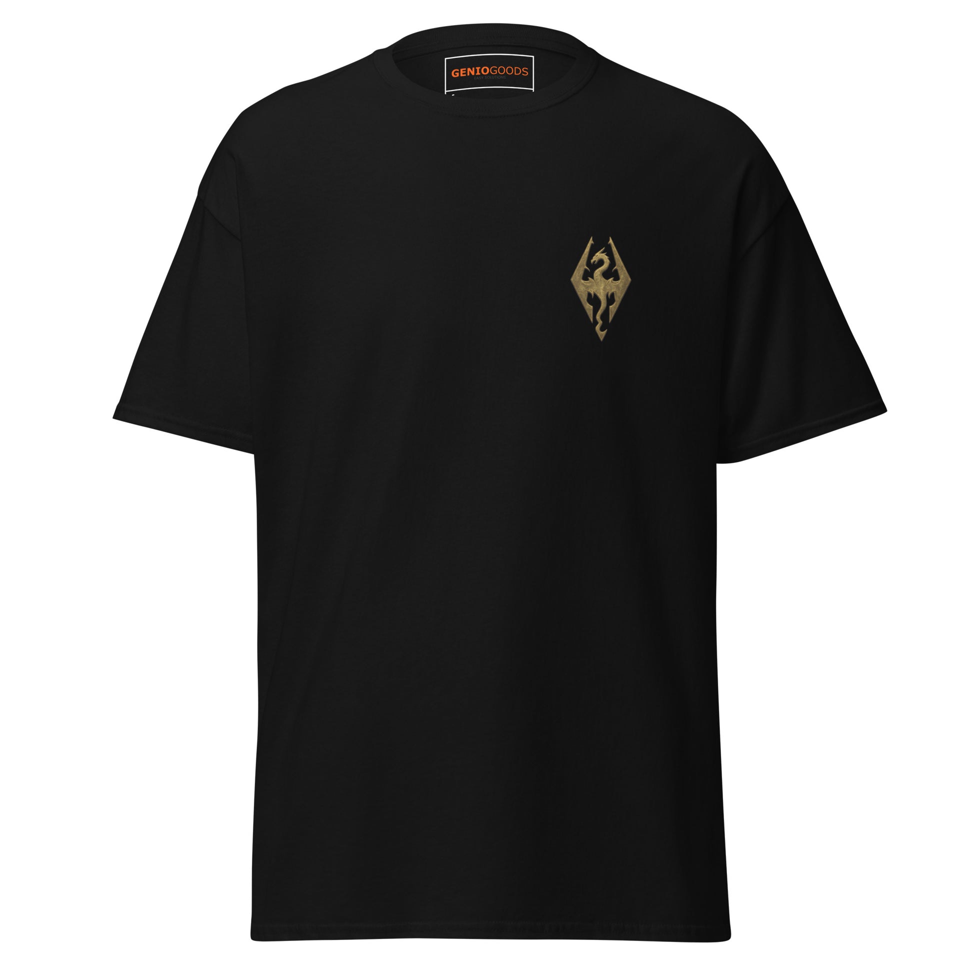 Front view of the Black Oblivion Imperial City Shirt – White Gold Tower Design with small chest emblem on the front
