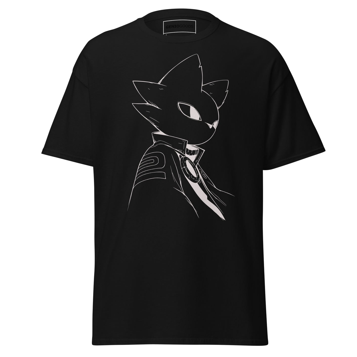 Front view of the black Nine Sols Silent Resolve Taopunk Portrait T-Shirt featuring a minimalist taopunk character portrait on black fabric