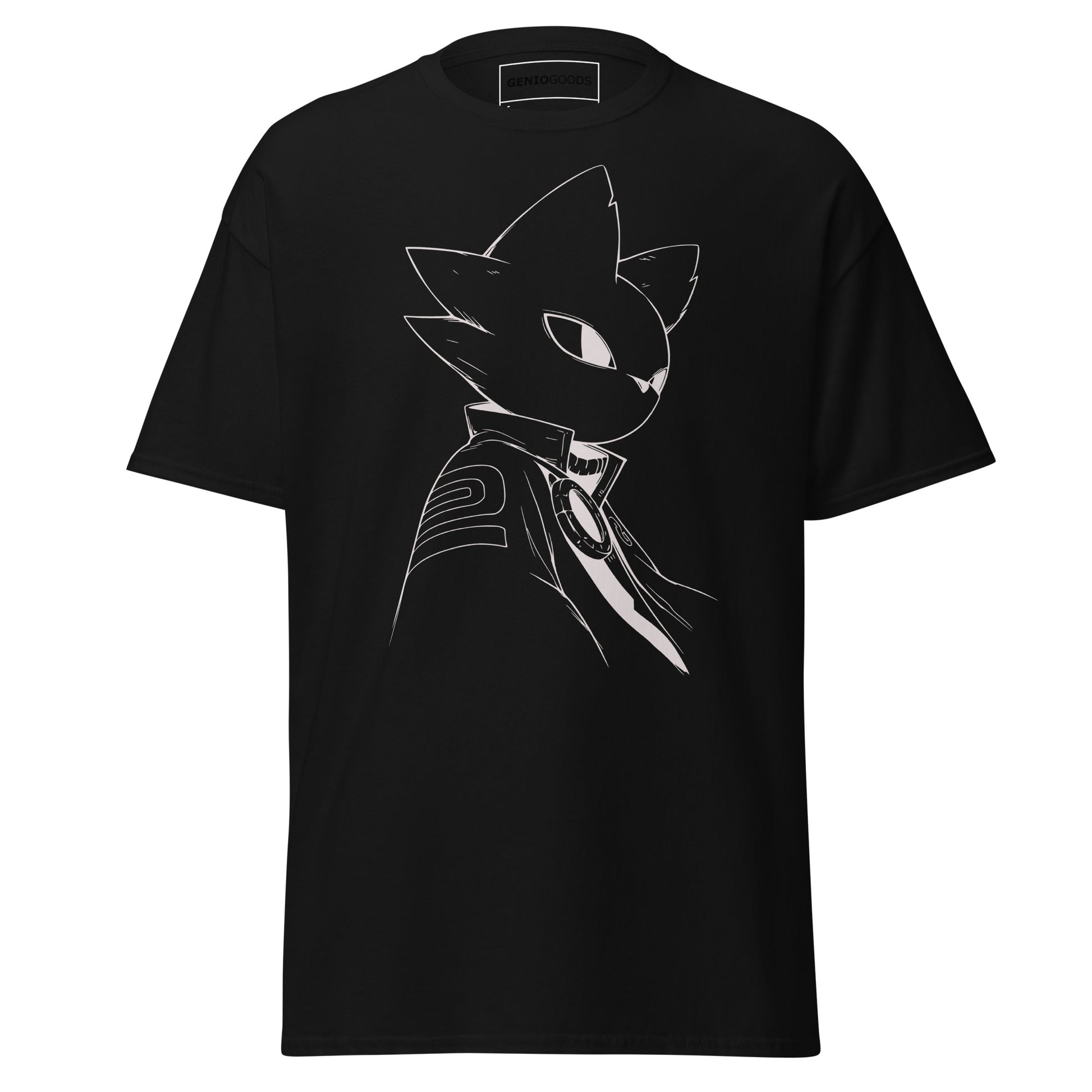 Front view of the black Nine Sols Silent Resolve Taopunk Portrait T-Shirt featuring a minimalist taopunk character portrait on black fabric