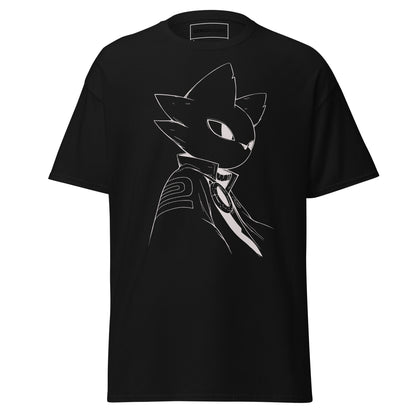 Front view of the black Nine Sols Silent Resolve Taopunk Portrait T-Shirt featuring a minimalist taopunk character portrait on black fabric