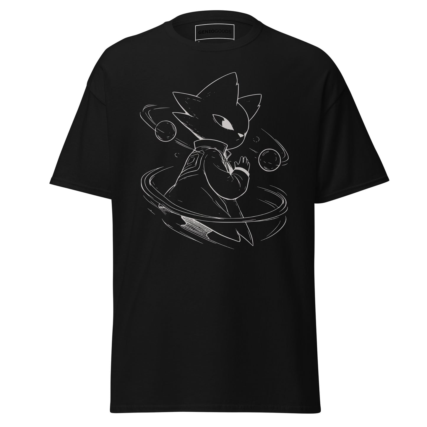 Front view of the black Nine Sols Orbiting Focus Taopunk Motion graphic tee featuring a minimalist taopunk figure with orbiting rings