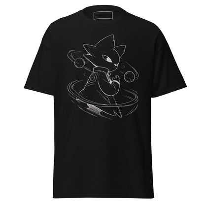 Front view of the black Nine Sols Orbiting Focus Taopunk Motion graphic tee featuring a minimalist taopunk figure with orbiting rings