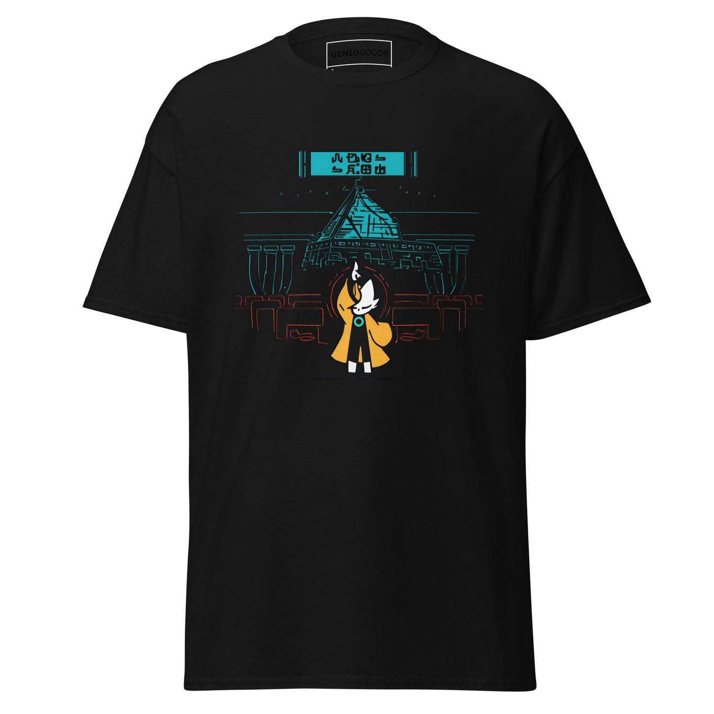 Front view of the black Nine Sols Taopunk Tee Shrine of Silent Presence featuring a minimalist shrine scene in taopunk style