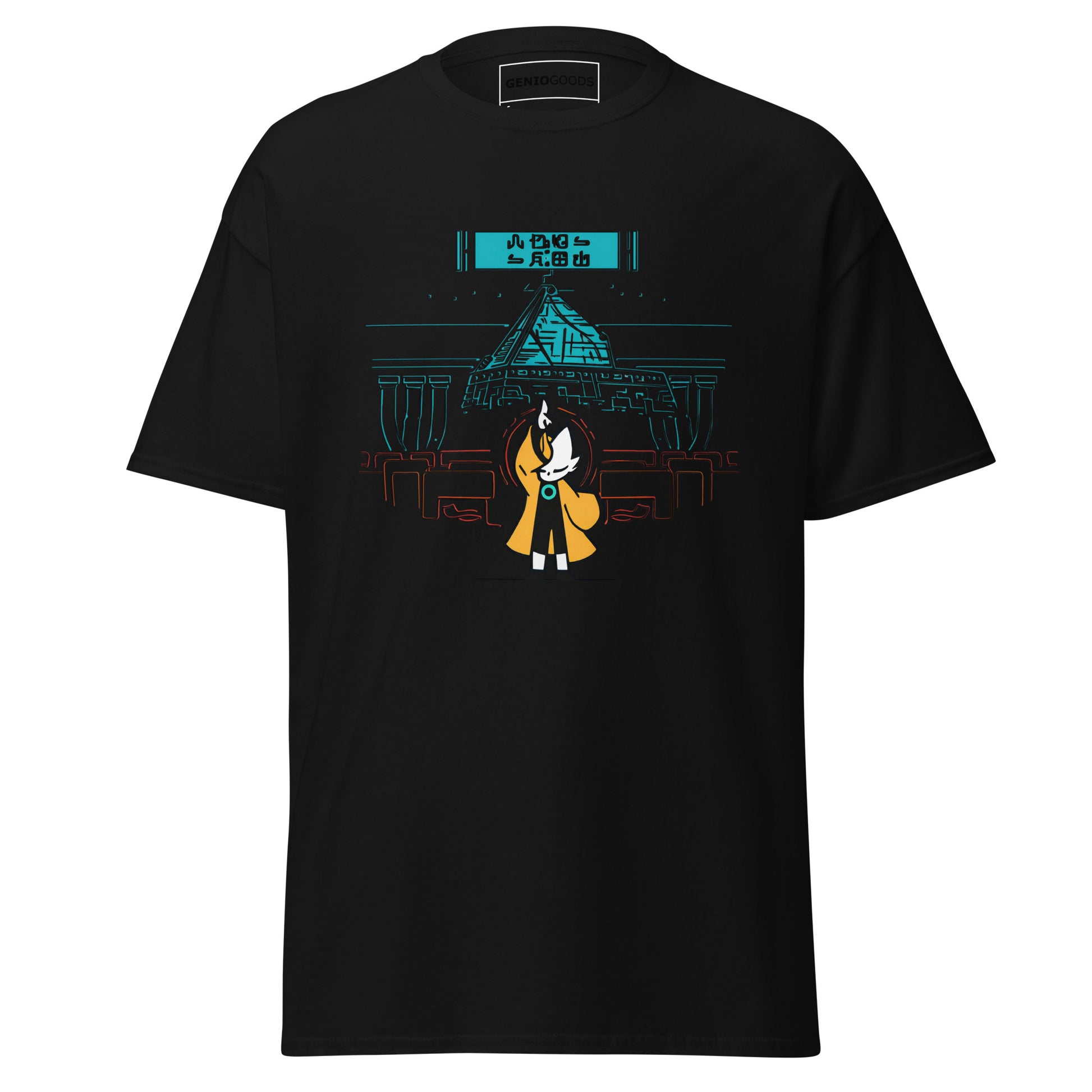 Front view of the black Nine Sols Taopunk Tee Shrine of Silent Presence featuring a minimalist shrine scene in taopunk style