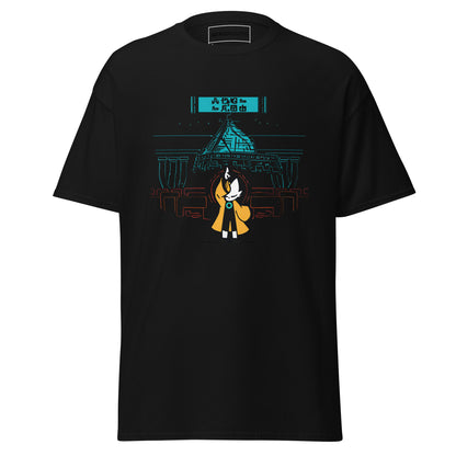 Front view of the black Nine Sols Taopunk Tee Shrine of Silent Presence featuring a minimalist shrine scene in taopunk style