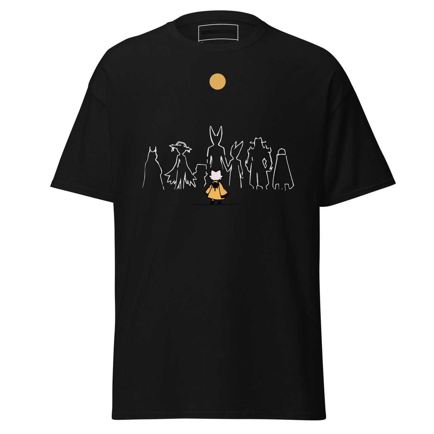Front view of the Black Nine Sols Under the Golden Sol character tee featuring a minimalist line art group beneath a golden sun