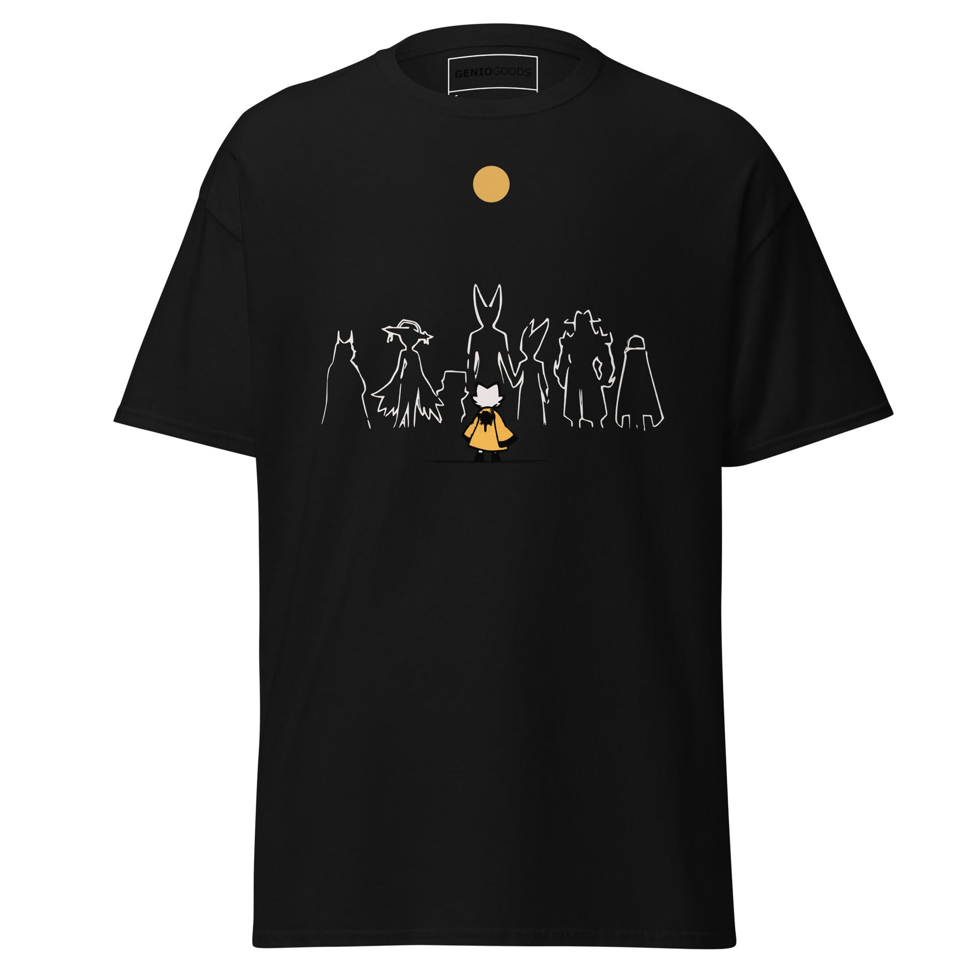 Front view of the Black Nine Sols Under the Golden Sol character tee featuring a minimalist line art group beneath a golden sun