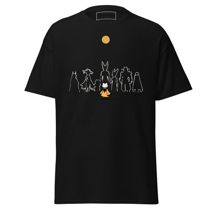 Front view of the Black Nine Sols Under the Golden Sol character tee featuring a minimalist line art group beneath a golden sun