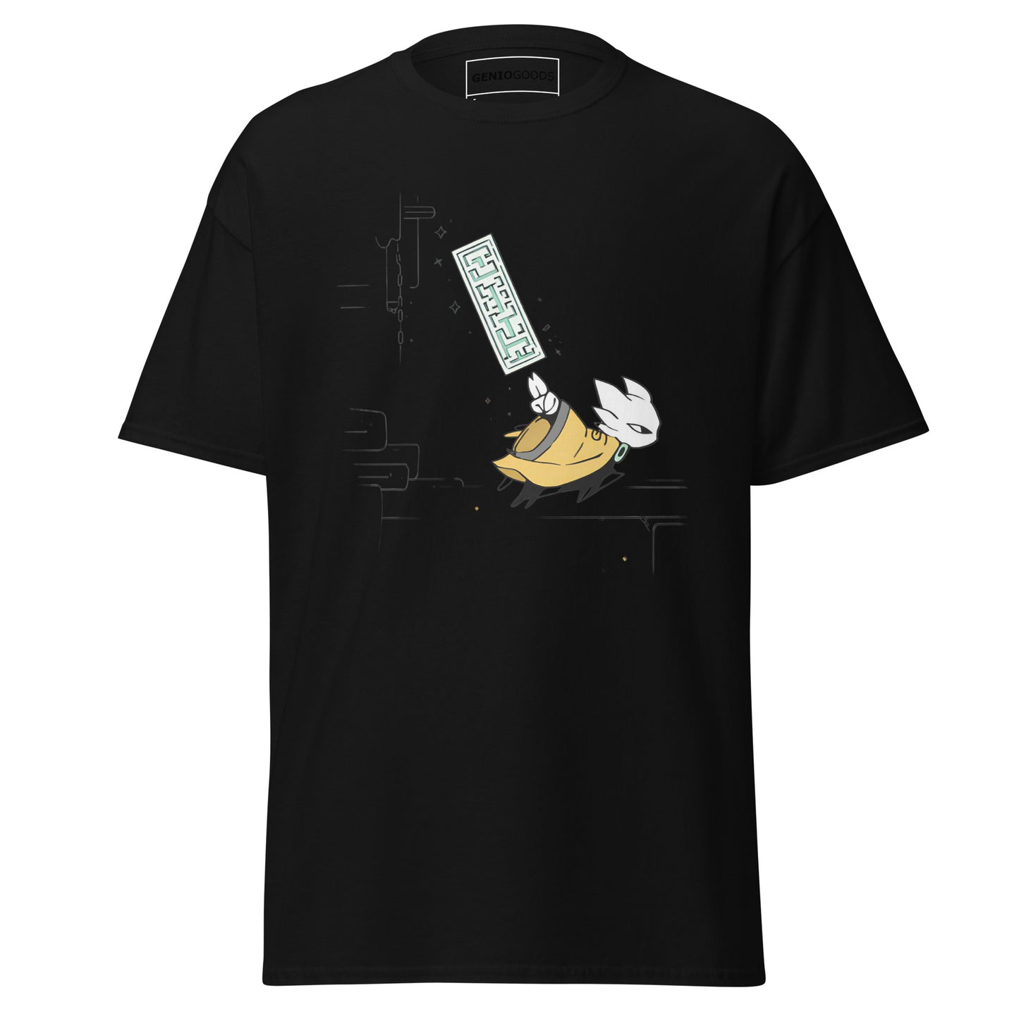 Front view of the black Nine Sols Action Tee Seal Motion featuring a minimalist seal graphic with motion detail