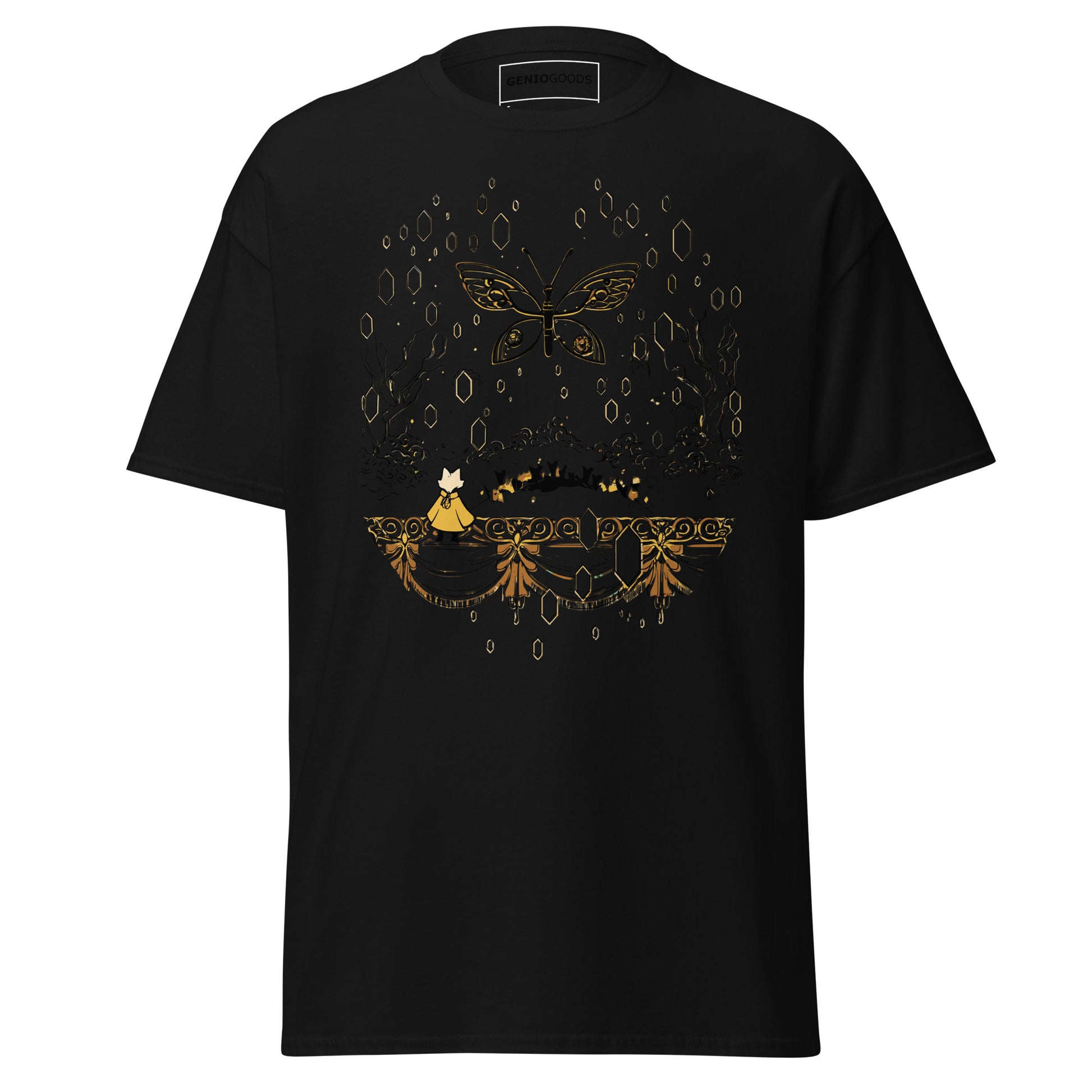 Front view of the black Nine Sols Butterfly Tee Golden Echo featuring a golden butterfly above an ornate shrine scene