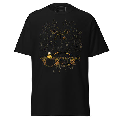 Front view of the black Nine Sols Butterfly Tee Golden Echo featuring a golden butterfly above an ornate shrine scene