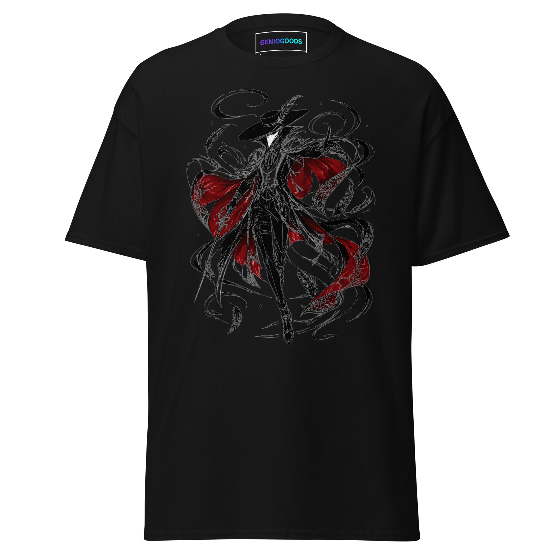 Front view of the Black Crowsworn Crimson Wraith T-shirt with gothic dark fantasy graphic