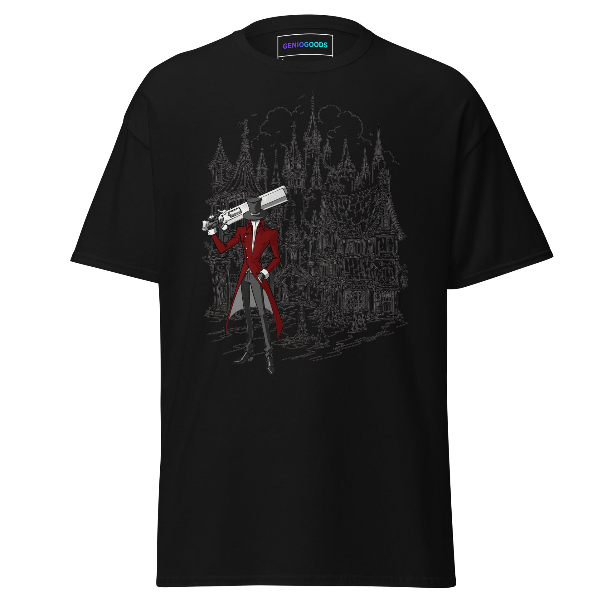 Front view of the Black Crowsworn Gothic Hunter T-shirt with dark fantasy ruined kingdom graphic
