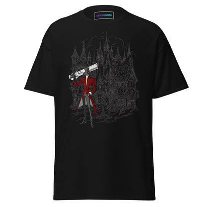 Front view of the Black Crowsworn Gothic Hunter T-shirt with dark fantasy ruined kingdom graphic